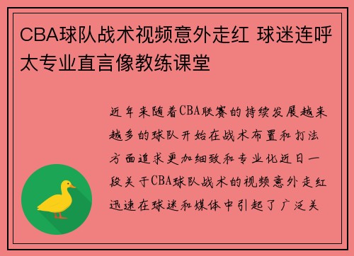 CBA球队战术视频意外走红 球迷连呼太专业直言像教练课堂